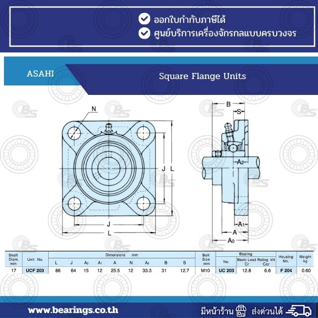 Drawing ASAHI UCF 203 Square Flange Units | Bearings & Mechanical Power Transmission Thailand