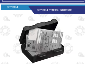 OPTIBELT TENSION NOTEBOX by bearingscoth | Bearings & Mechanical Power Transmission Thailand Open black toolbox with stacked documents titled 'Optibelt Tension Notebook' inside, showcasing technical paperwork for belt tensioning equipment.