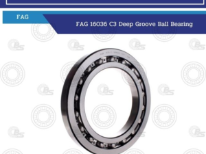 FAG 16036 C3 deep groove ball bearing shown at an angle on a white background with blue branding.