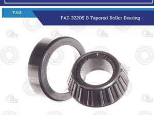 FAG 32205 B tapered roller bearing set displayed on white background with blue banners advertising tax invoices and a full-service machinery center; website www.bearings.co.th visible at bottom.