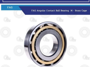Close-up of a FAG angular contact ball bearing with brass cage, shiny metal rings, against a light patterned background and blue header branding.