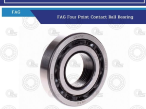 Product photo of a FAG four-point contact ball bearing; metal bearing with inner and outer races visible against a light background.
