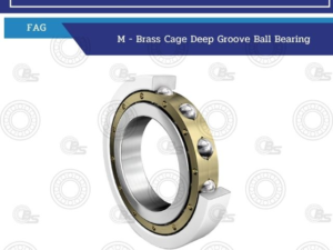 Advertisement for FAG M-brass cage deep groove ball bearing; shows a metal bearing with brass cage, inner/outer rings and balls; background bearing logos, website www.bearings.co.th