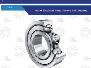 3D rendering of a metal shielded deep groove ball bearing, labeled FAG, against a white background with a blue banner.