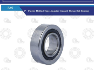Plastic molded-cage angular contact thrust ball bearing viewed at slight angle with rubber seal ring inside outer race.
