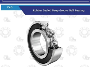 Rubber-sealed deep groove ball bearing (FAG) shown in a close-up product photo, metal outer race with black seal ring.