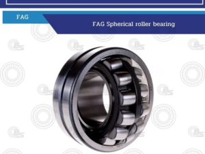 FAG spherical roller bearing shown in close-up with steel rollers and cage, angled to display its raceways.