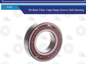Bearing product image: TB Hard Fiber Cage Deep Groove Ball Bearing on a white background with blue promotional banners above and watermark patterns in the backdrop.