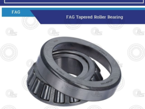 FAG tapered roller bearing shown from an angle, detailing the inner and outer races with tapered rollers inside.