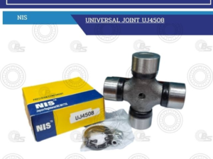 Universal joint cross (UJ4508) with bearing kit beside a blue-yellow NIS box on a white background; automotive drivetrain component.
