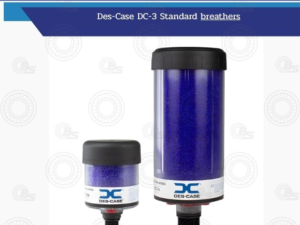 Pair of blue DC-3 standard Des-Case breathers in large and small sizes with black caps, shown against a light background.