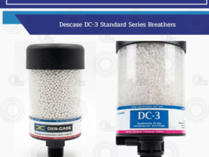 Two DC-3 standard series breathers (Des-Case) with white bead fill and black caps, shown side by side.