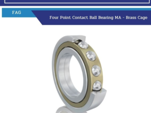 Four-point contact ball bearing with brass cage, shown at an angle with inner and outer races and four steel balls.