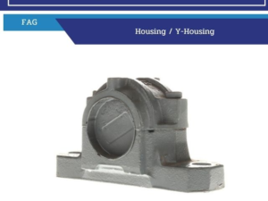 Gray bearing housing (Y-housing) mounted on a base, used to support a rotating shaft in mechanical assemblies.