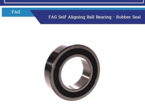 Blue header banner with checkmarks and two statements, followed by a header reading 'FAG Self Aligning Ball Bearing – Rubber Seal' and a 3D view of a metal FAG bearing with a black rubber seal on a white background, likely from a product page.