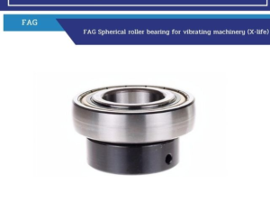 FAG spherical roller bearing for vibrating machinery (X-life). Close-up of metal inner and outer rings on a dark inner race sleeve.
