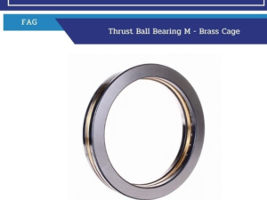 Thrust ball bearing M with brass cage, shown on a white background with metal outer and inner races.