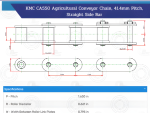 Technical diagram of a conveyor belt with labeled measurements and specifications, including pitch, roller diameter, and belt width.