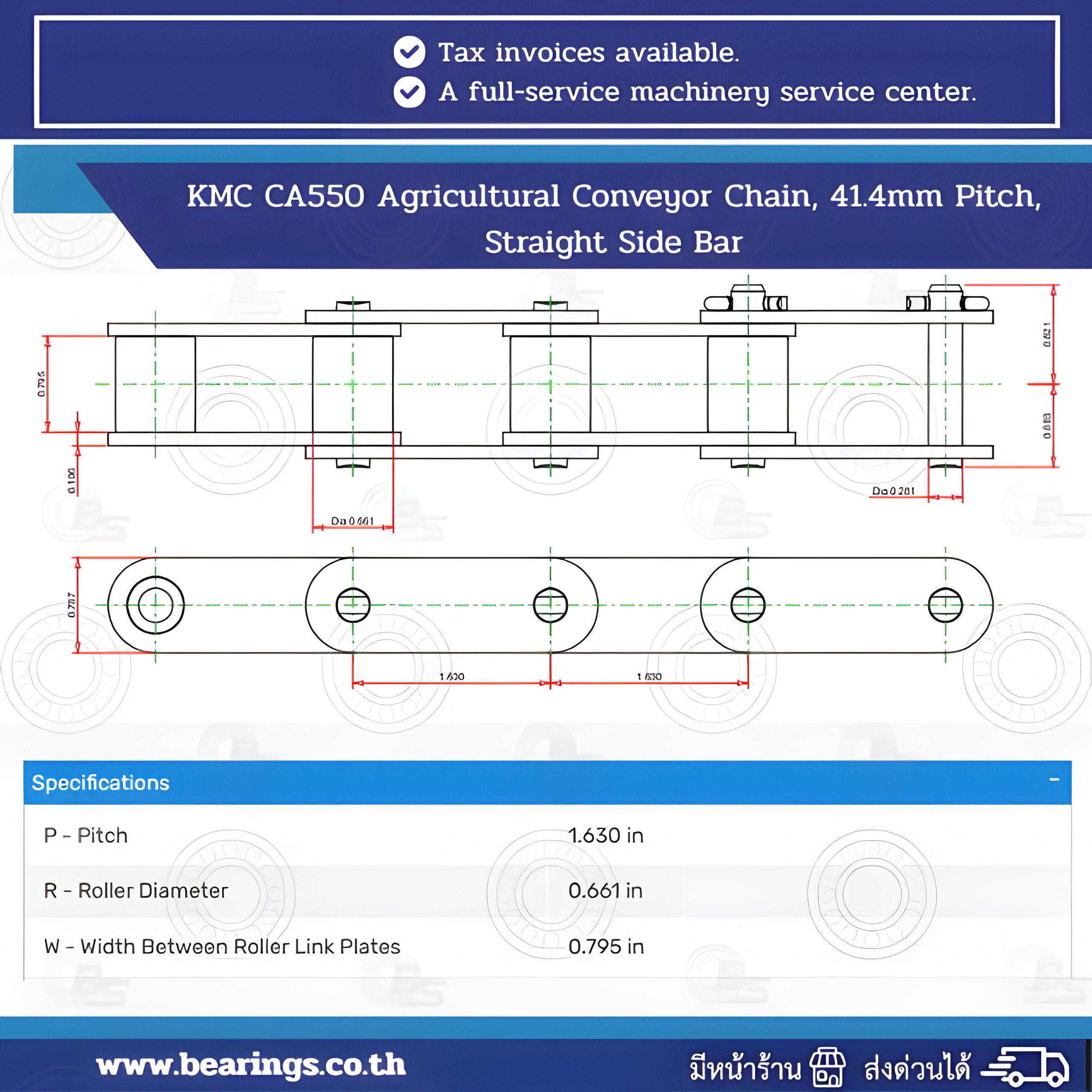 Technical diagram of a conveyor belt with labeled measurements and specifications, including pitch, roller diameter, and belt width.