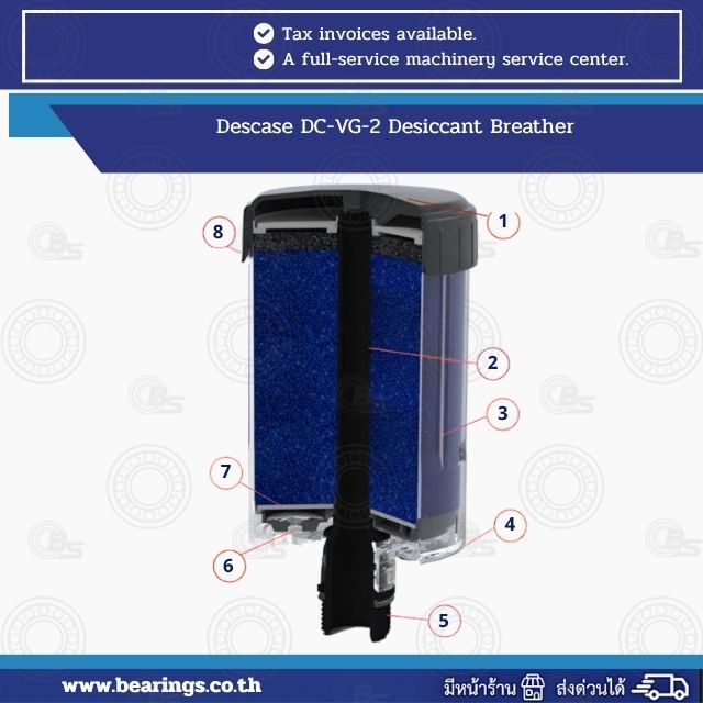 Descase DC-VG-2 Desiccant Breather Features By the Numbers | Bearings & Mechanical Power Transmission Thailand Illustration of a Descase DC-VG-2 Desiccant Breather showing mounted filter cartridge and numbered parts 1–8.